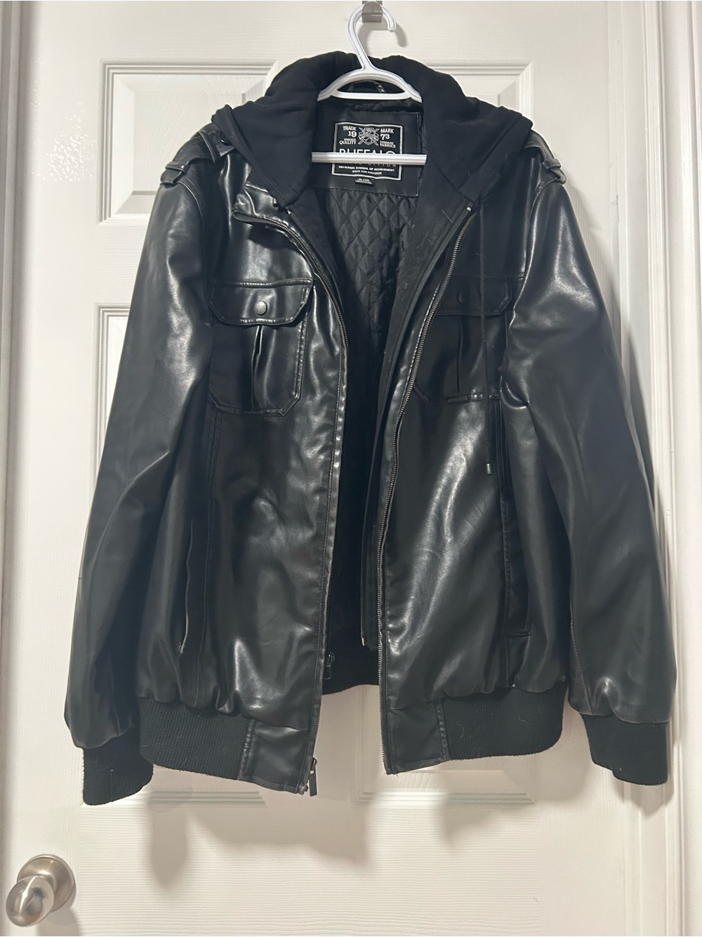 Buffalo David Bitton Black Faux Leather Bomber Jacket with Hood